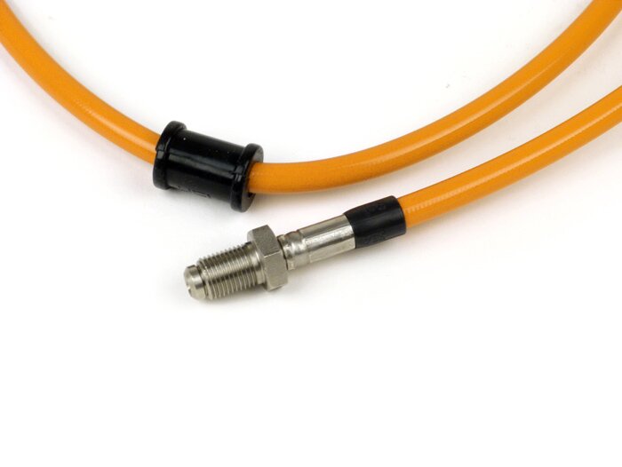 Brake hose, front, to brake caliper Brembo P4 30/34 -SPIEGLER hose: stainless steel (orange), fitting: aluminium (black)- Vespa (with ABS) GTS 125i.e. Super ABS (ZAPM45300, ZAPM45301), Vespa GTS 300 ABS (ZAPM45200, ZAPM45202), Vespa GTS 300i.e. Super ABS
