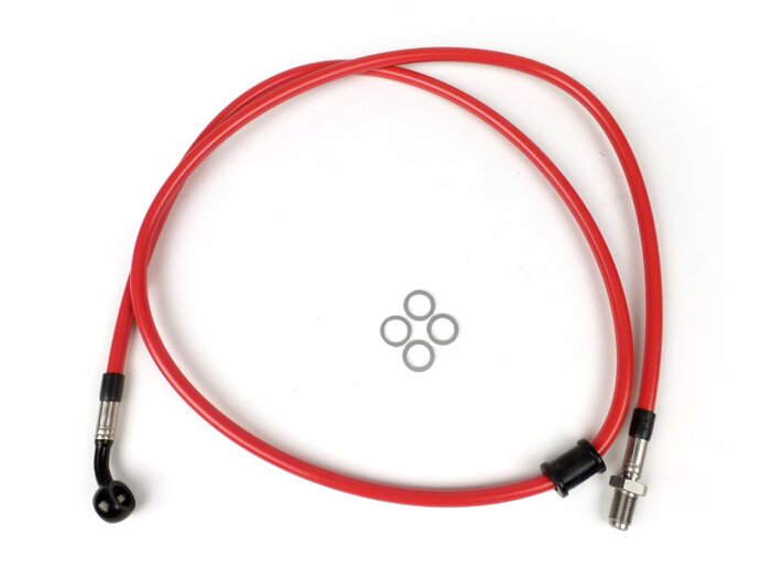 Latiguillo de freno delantero a pinza Brembo P4 30/34 - Latiguillo SPIEGLER: acero inoxidable (rojo), racor: aluminio (negro)- Vespa (con ABS) GTS 125i.e. Super ABS (ZAPM45300, ZAPM45301), Vespa GTS 300 ABS (ZAPM45200, ZAPM45202), Vespa GTS 300i.e. Super
