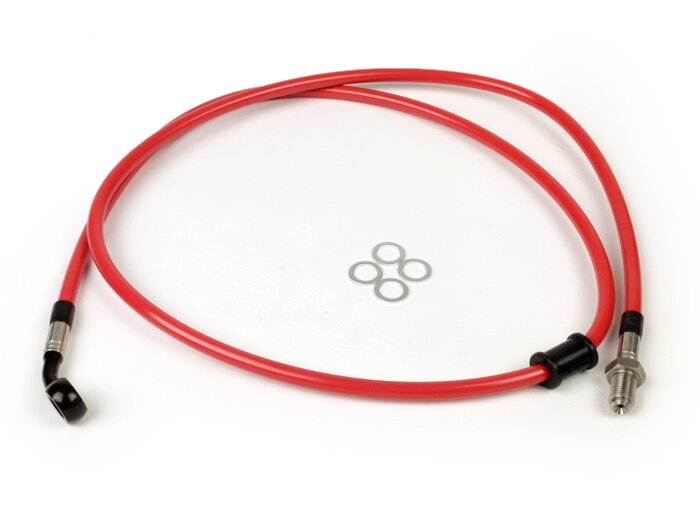 Latiguillo de freno delantero a pinza Brembo P4 30/34 - Latiguillo SPIEGLER: acero inoxidable (rojo), racor: aluminio (negro)- Vespa (con ABS) GTS 125i.e. Super ABS (ZAPM45300, ZAPM45301), Vespa GTS 300 ABS (ZAPM45200, ZAPM45202), Vespa GTS 300i.e. Super
