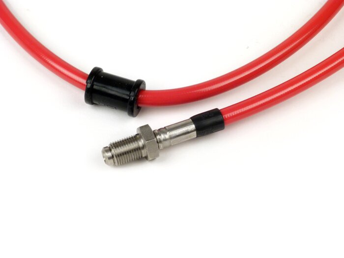 Latiguillo de freno delantero a pinza Brembo P4 30/34 - Latiguillo SPIEGLER: acero inoxidable (rojo), racor: aluminio (negro)- Vespa (con ABS) GTS 125i.e. Super ABS (ZAPM45300, ZAPM45301), Vespa GTS 300 ABS (ZAPM45200, ZAPM45202), Vespa GTS 300i.e. Super