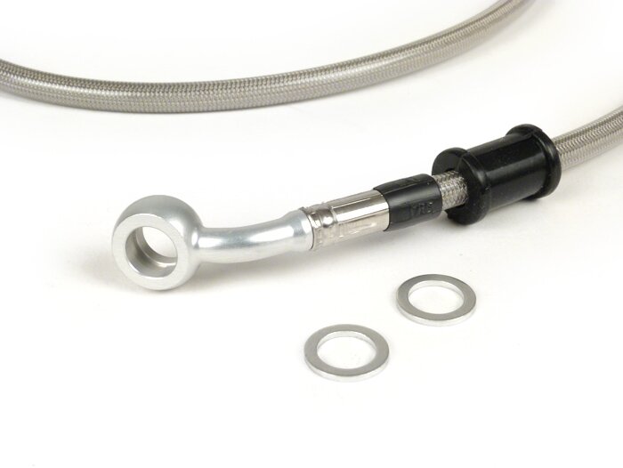 Latiguillo de freno delantero a pinza Brembo P4 30/34 - Latiguillo SPIEGLER: acero inoxidable (transparente), racor: aluminio (plateado)- Vespa (con ABS) GTS 125i.e. Super ABS (ZAPM45300, ZAPM45301), Vespa GTS 300 ABS (ZAPM45200, ZAPM45202), Vespa GTS 300
