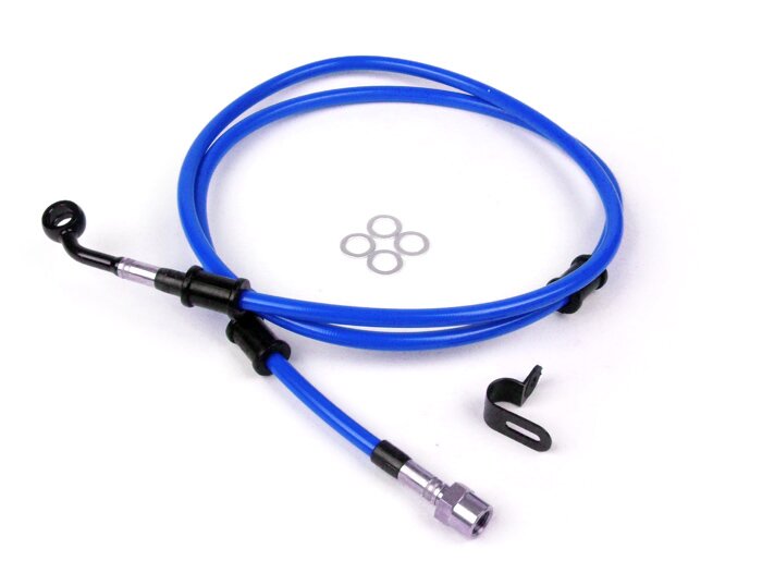 Selang rem belakang ke kaliper rem Brembo P32G, P34G, Frando -SPIEGLER Selang: baja tahan karat (biru), fitting: aluminium (hitam) - Vespa (dengan ABS) GTS 125i.e. Super ABS (ZAPM45300, ZAPM45301), Vespa GTS 300 ABS (ZAPM45200, ZAPM45202), Vespa GTS 300i.
