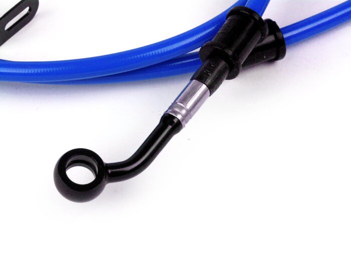 Selang rem belakang ke kaliper rem Brembo P32G, P34G, Frando -SPIEGLER Selang: baja tahan karat (biru), fitting: aluminium (hitam) - Vespa (dengan ABS) GTS 125i.e. Super ABS (ZAPM45300, ZAPM45301), Vespa GTS 300 ABS (ZAPM45200, ZAPM45202), Vespa GTS 300i.