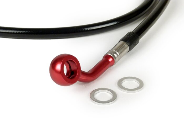 Selang rem belakang ke kaliper rem Brembo P32G, P34G, Frando -SPIEGLER Selang: baja tahan karat (hitam), fitting: aluminium (merah) - Vespa (dengan ABS) GTS 125i.e. Super ABS (ZAPM45300, ZAPM45301), Vespa GTS 300 ABS (ZAPM45200, ZAPM45202), Vespa GTS 300i