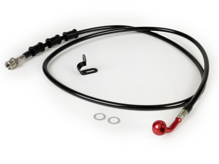 Selang rem belakang ke kaliper rem Brembo P32G, P34G, Frando -SPIEGLER Selang: baja tahan karat (hitam), fitting: aluminium (merah) - Vespa (dengan ABS) GTS 125i.e. Super ABS (ZAPM45300, ZAPM45301), Vespa GTS 300 ABS (ZAPM45200, ZAPM45202), Vespa GTS 300i