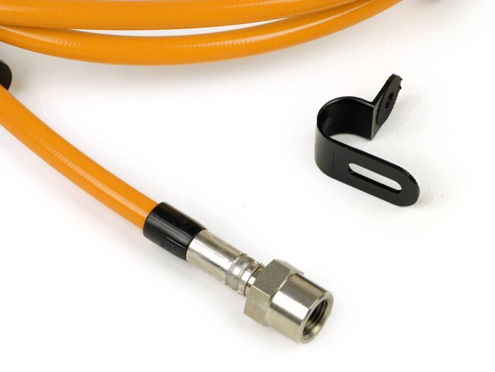 Durite de frein arrière pour étrier de frein Brembo P32G, P34G, Frando -SPIEGLER durite: inox (orange), raccord: aluminum (noir) - Vespa (avec ABS) GTS 125i.e. Super ABS (ZAPM45300, ZAPM45301), Vespa GTS 300 ABS (ZAPM45200, ZAPM45202), Vespa GTS 300i.e. S