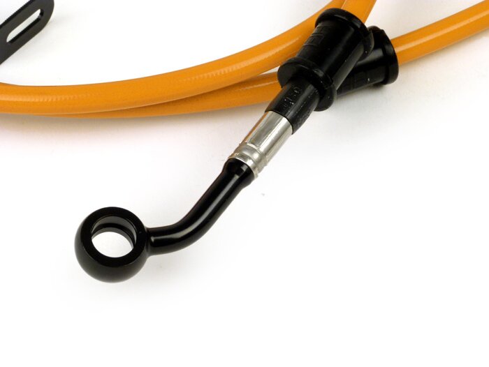 Durite de frein arrière pour étrier de frein Brembo P32G, P34G, Frando -SPIEGLER durite: inox (orange), raccord: aluminum (noir) - Vespa (avec ABS) GTS 125i.e. Super ABS (ZAPM45300, ZAPM45301), Vespa GTS 300 ABS (ZAPM45200, ZAPM45202), Vespa GTS 300i.e. S