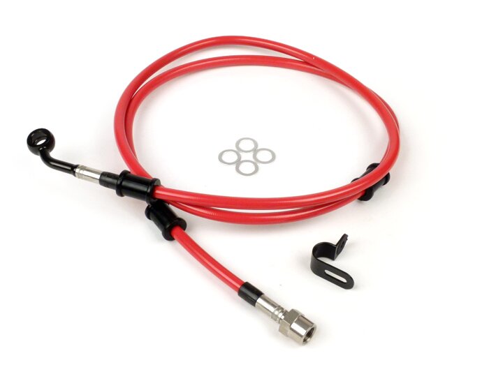 Selang rem belakang ke kaliper rem Brembo P32G, P34G, Frando -SPIEGLER Selang: baja tahan karat (merah), fitting: aluminium (hitam) - Vespa (dengan ABS) GTS 125i.e. Super ABS (ZAPM45300, ZAPM45301), Vespa GTS 300 ABS (ZAPM45200, ZAPM45202), Vespa GTS 300i