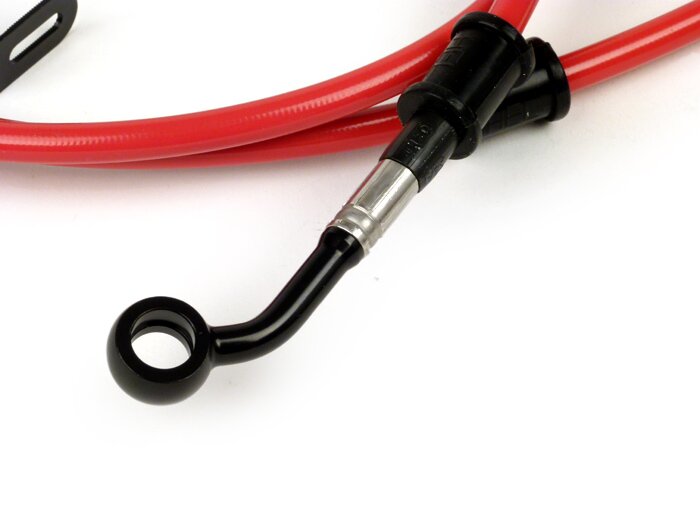 Selang rem belakang ke kaliper rem Brembo P32G, P34G, Frando -SPIEGLER Selang: baja tahan karat (merah), fitting: aluminium (hitam) - Vespa (dengan ABS) GTS 125i.e. Super ABS (ZAPM45300, ZAPM45301), Vespa GTS 300 ABS (ZAPM45200, ZAPM45202), Vespa GTS 300i