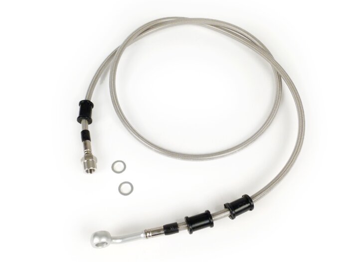 Latiguillo de freno trasero a pinza de freno Brembo P32G, P34G, Frando -SPIEGLER Latiguillo: Acero inoxidable (transparente), Racor: Aluminio (plateado)- Vespa (con ABS) GTS 125i.e. Super ABS (ZAPM45300, ZAPM45301), Vespa GTS 300 ABS (ZAPM45200, ZAPM45202