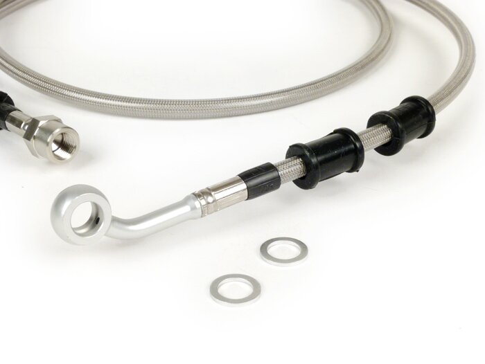 Latiguillo de freno trasero a pinza de freno Brembo P32G, P34G, Frando -SPIEGLER Latiguillo: Acero inoxidable (transparente), Racor: Aluminio (plateado)- Vespa (con ABS) GTS 125i.e. Super ABS (ZAPM45300, ZAPM45301), Vespa GTS 300 ABS (ZAPM45200, ZAPM45202