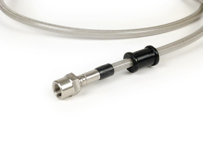 Latiguillo de freno trasero a pinza de freno Brembo P32G, P34G, Frando -SPIEGLER Latiguillo: Acero inoxidable (transparente), Racor: Aluminio (plateado)- Vespa (con ABS) GTS 125i.e. Super ABS (ZAPM45300, ZAPM45301), Vespa GTS 300 ABS (ZAPM45200, ZAPM45202