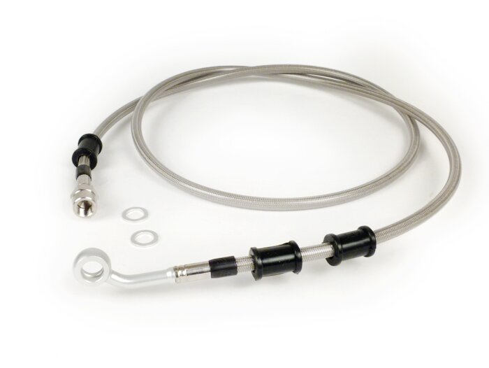 Latiguillo de freno trasero a pinza de freno Brembo P32G, P34G, Frando -SPIEGLER Latiguillo: Acero inoxidable (transparente), Racor: Aluminio (plateado)- Vespa (con ABS) GTS 125i.e. Super ABS (ZAPM45300, ZAPM45301), Vespa GTS 300 ABS (ZAPM45200, ZAPM45202