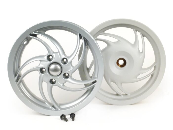 Pelek set -PIAGGIO 3.00-12 inci - 10 jari-jari - tipe Fly - cocok untuk Vespa Sprint 50 (ZAPC53101), Sprint 125, Sprint 150, Primavera 50 (ZAPC53100), Primavera 125, Primavera 150 - Silver