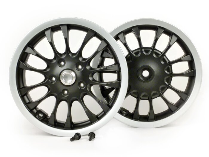 Velgenset -PIAGGIO 3.00-12 inch - 14 spaken- type Sprint - geschikt voor Vespa Sprint 50 (ZAPC53101), Sprint 125, Sprint 150, Primavera 50 (ZAPC53100), Primavera 125, Primavera 150 - zwarte mat/zilveren velg