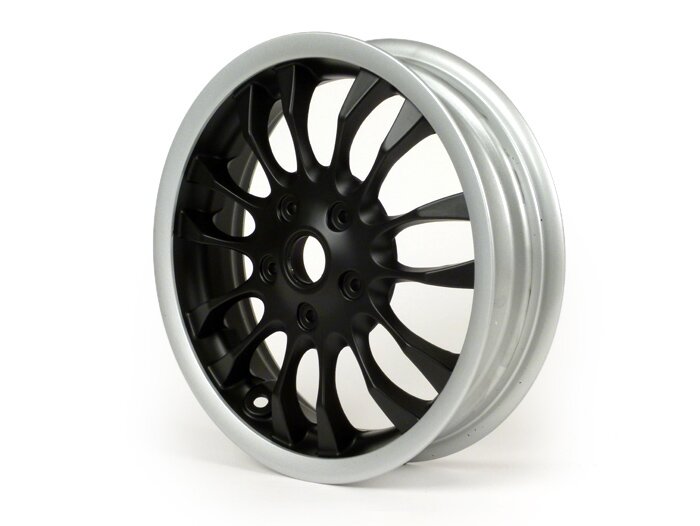 Velgenset -PIAGGIO 3.00-12 inch - 14 spaken- type Sprint - geschikt voor Vespa Sprint 50 (ZAPC53101), Sprint 125, Sprint 150, Primavera 50 (ZAPC53100), Primavera 125, Primavera 150 - zwarte mat/zilveren velg