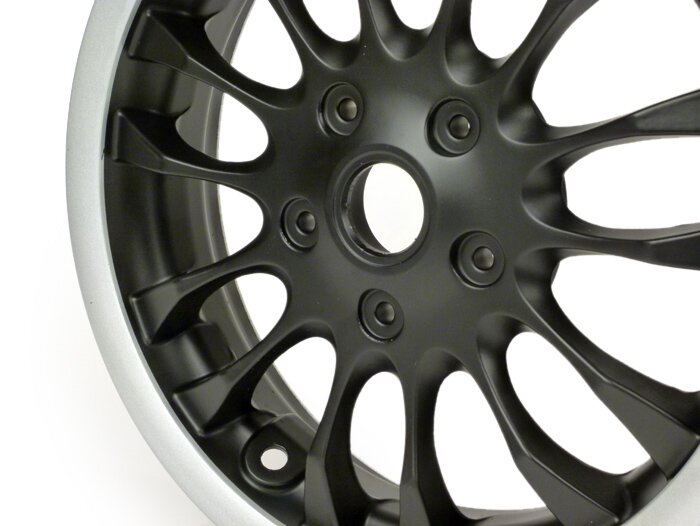 Velgenset -PIAGGIO 3.00-12 inch - 14 spaken- type Sprint - geschikt voor Vespa Sprint 50 (ZAPC53101), Sprint 125, Sprint 150, Primavera 50 (ZAPC53100), Primavera 125, Primavera 150 - zwarte mat/zilveren velg