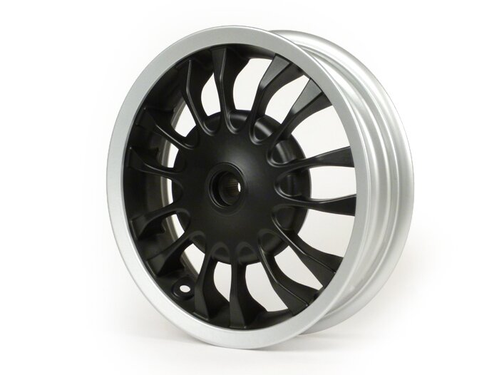 Velgenset -PIAGGIO 3.00-12 inch - 14 spaken- type Sprint - geschikt voor Vespa Sprint 50 (ZAPC53101), Sprint 125, Sprint 150, Primavera 50 (ZAPC53100), Primavera 125, Primavera 150 - zwarte mat/zilveren velg