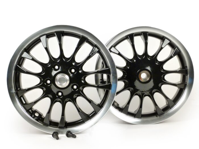 Pair of wheel rims -PIAGGIO 3.00-12 inch - 14 spokes- type Sprint - fits Vespa Sprint 50 (ZAPC53201), Primavera 50 (ZAPC53200) - black/silver rim