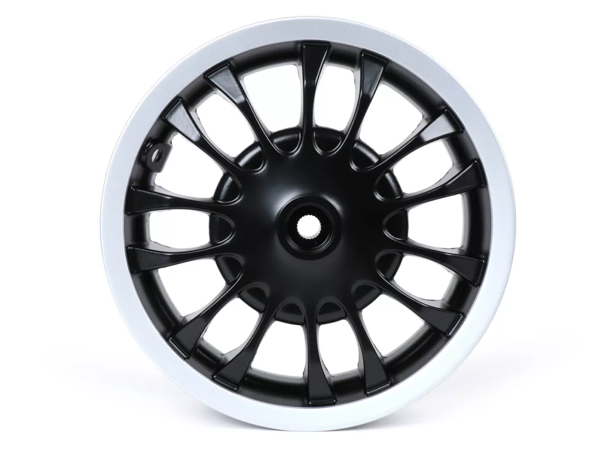 Achtervelg -PIAGGIO 3.00-12 inch, Ø remtrommel = 140mm - 14 spaken- Vespa Sprint 50 (ZAPC53101), Sprint 125, Sprint 150 - zwarte mat/zilveren velg