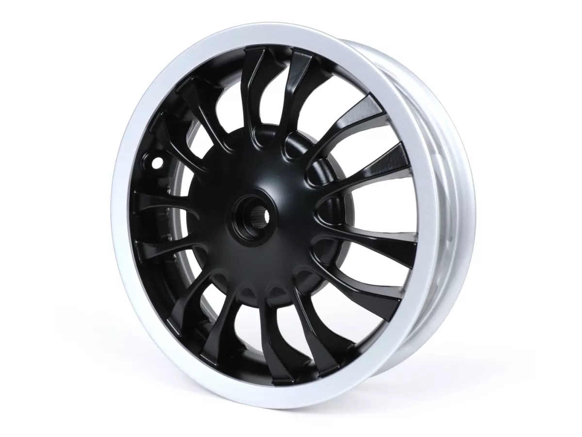 Achtervelg -PIAGGIO 3.00-12 inch, Ø remtrommel = 140mm - 14 spaken- Vespa Sprint 50 (ZAPC53101), Sprint 125, Sprint 150 - zwarte mat/zilveren velg