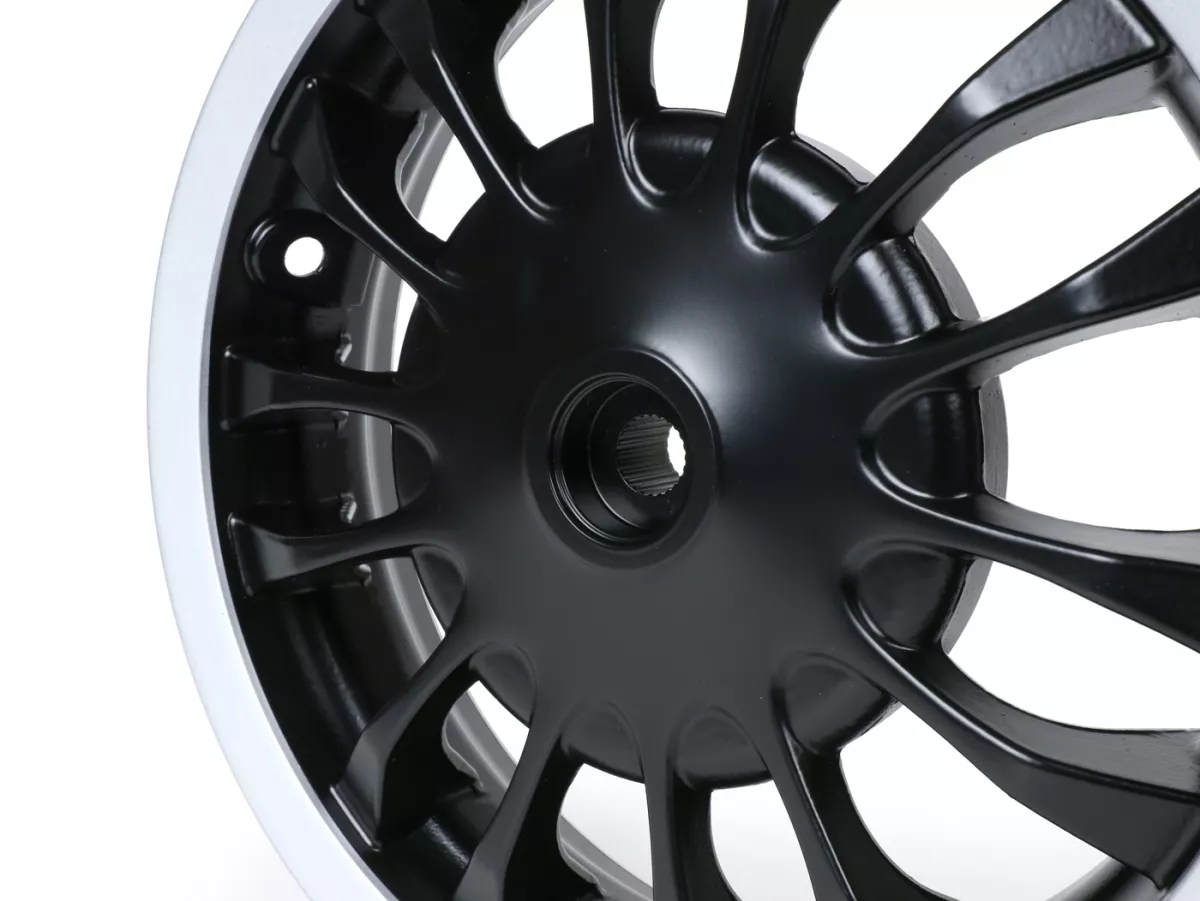 Achtervelg -PIAGGIO 3.00-12 inch, Ø remtrommel = 140mm - 14 spaken- Vespa Sprint 50 (ZAPC53101), Sprint 125, Sprint 150 - zwarte mat/zilveren velg