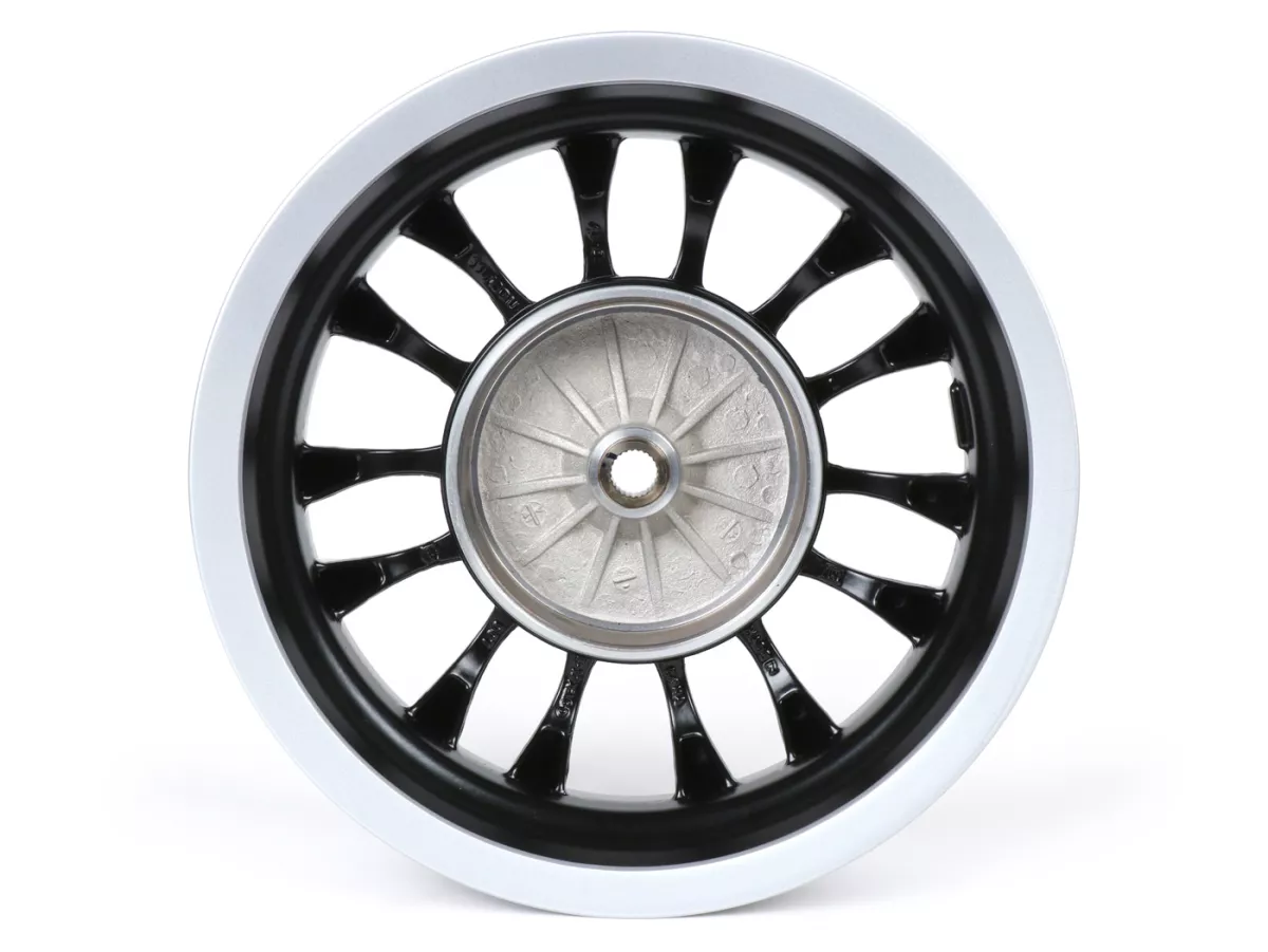 Achtervelg -PIAGGIO 3.00-12 inch, Ø remtrommel = 140mm - 14 spaken- Vespa Sprint 50 (ZAPC53101), Sprint 125, Sprint 150 - zwarte mat/zilveren velg