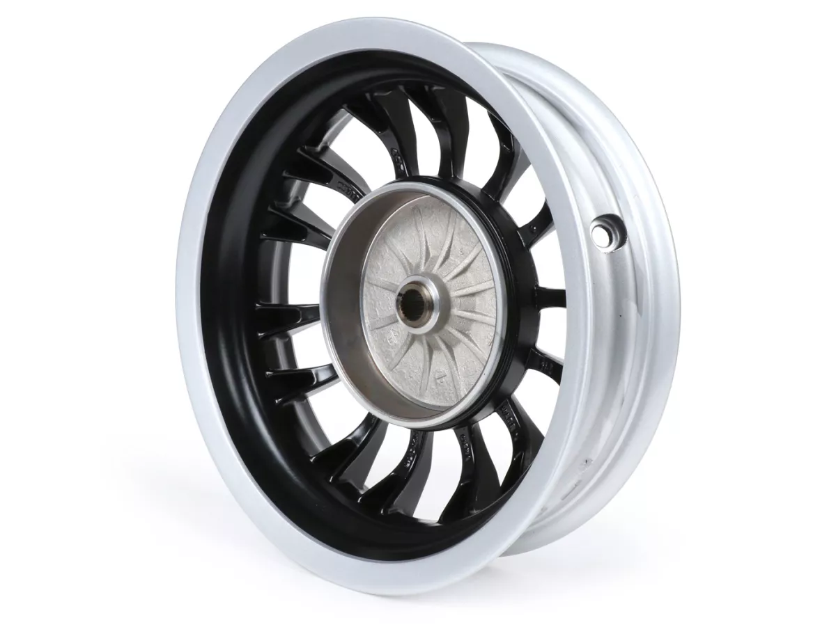 Achtervelg -PIAGGIO 3.00-12 inch, Ø remtrommel = 140mm - 14 spaken- Vespa Sprint 50 (ZAPC53101), Sprint 125, Sprint 150 - zwarte mat/zilveren velg