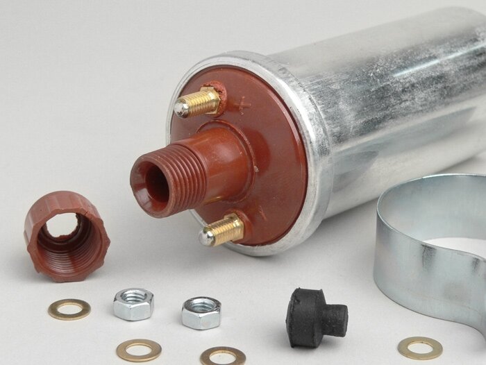 Ignition coil -CEAB 6Volt- Lambretta LD 125 (since 1956), LD 150, D 150, LI, LIS, SX, TV, DL, GP, J, Vespa V50 Elestart (V5B2T, V5A3T) - alloy housing (point set ignition)