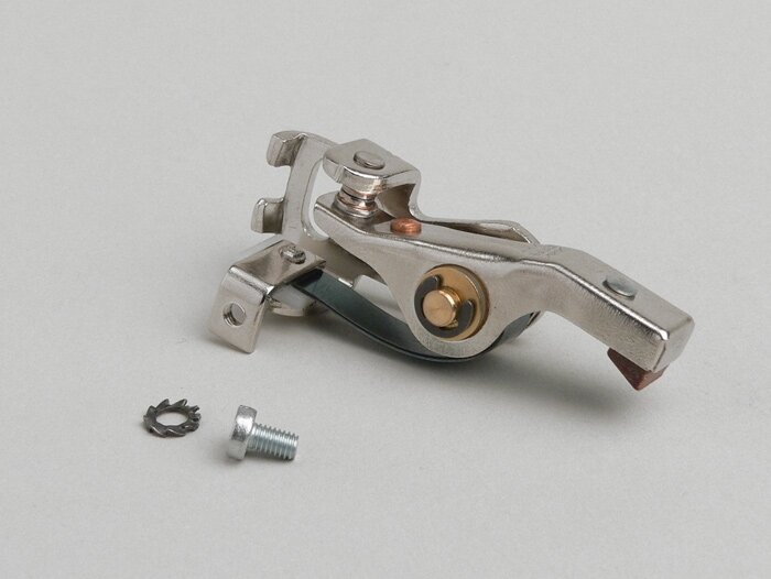 Ontstekingscontacten -VESPA lang met geleidebout- Vespa 50 V5SS1T tot V5SS2T, Vespa 90 V9SS1T, V9A1T (vanaf nr. 21450), Vespa 125 VMA1T tot VMA2T, VNB6T (vanaf nr. 035189), GT, GTR, Vespa 150 VBB2T (vanaf nr. 270250), Super, Sprint (vanaf nr. 24078), Spri