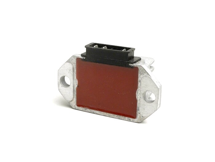 Regulador de tensión -CALIDAD OEM- 3 polos 12V (masa G-G)- Vespa PX (a partir de 1984), T5 125cc, PK XL, V50 (intermitentes 4 vías), Lambretta (e-encendido) - XS (90x55x30mm)