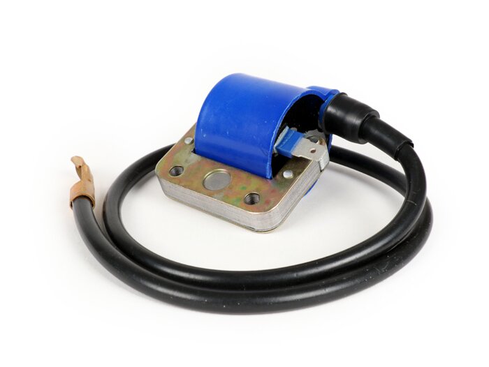 Bobina di accensione -QUALITÀ OEM, blu, con cavo- Vespa V50, PV125, GT125 (VNL2T), GTR125 (VNL2T), TS125 (VNL3T), Sprint150 (VLB1T), GL150 (VLA1T), LML Star, Stella 125-150
