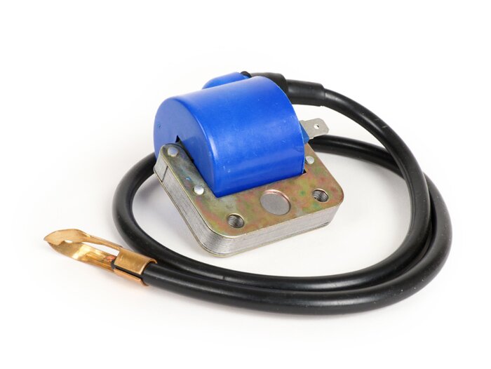 Bobina di accensione -QUALITÀ OEM, blu, con cavo- Vespa V50, PV125, GT125 (VNL2T), GTR125 (VNL2T), TS125 (VNL3T), Sprint150 (VLB1T), GL150 (VLA1T), LML Star, Stella 125-150