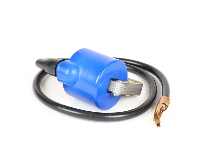 Bobina di accensione -QUALITÀ OEM, blu, con cavo- Vespa V50, PV125, GT125 (VNL2T), GTR125 (VNL2T), TS125 (VNL3T), Sprint150 (VLB1T), GL150 (VLA1T), LML Star, Stella 125-150