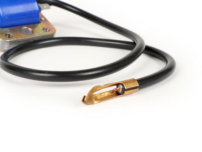 Bobina di accensione -QUALITÀ OEM, blu, con cavo- Vespa V50, PV125, GT125 (VNL2T), GTR125 (VNL2T), TS125 (VNL3T), Sprint150 (VLB1T), GL150 (VLA1T), LML Star, Stella 125-150