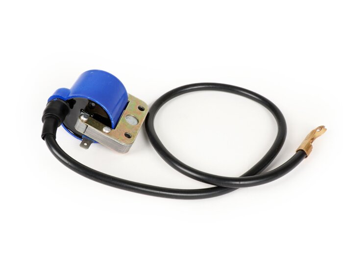 Bobina di accensione -QUALITÀ OEM, blu, con cavo- Vespa V50, PV125, GT125 (VNL2T), GTR125 (VNL2T), TS125 (VNL3T), Sprint150 (VLB1T), GL150 (VLA1T), LML Star, Stella 125-150