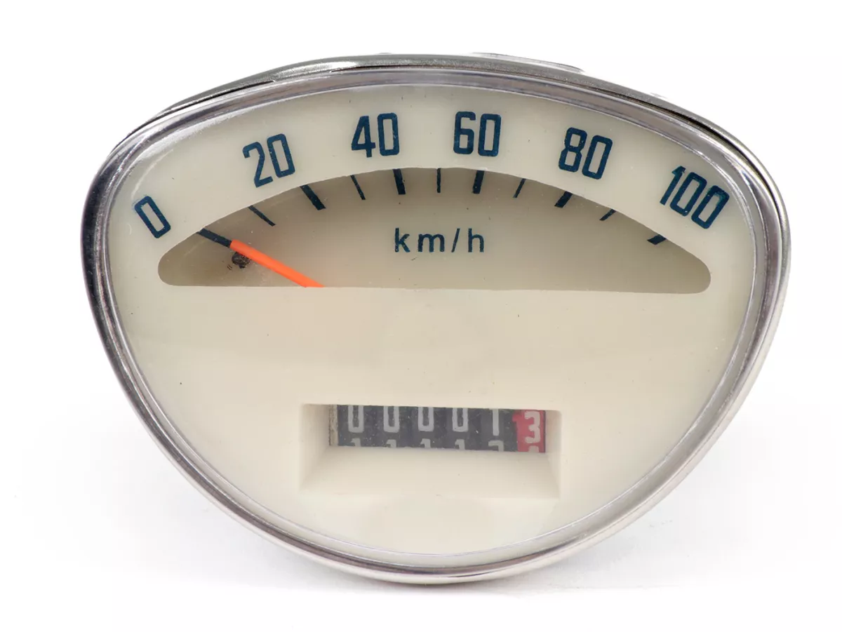 Speedometer -OEM QUALITY 100km/h (1965-1971 old rectangle logo)- Vespa 50 Super Sprint (SS50, V5SS1T), Super Sprint 90 (SS90, V9SS1T), 125 Nuova (VMA1T), 125 Primavera (PV125, VMA2T -22874), 125 Super (VNC1T -10399), 150 Super (VBC1T -13599) - 100km/h (wh