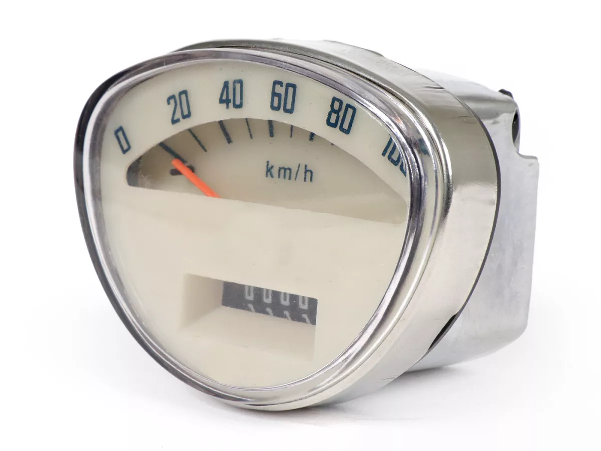 Speedometer -OEM QUALITY 100km/h (1965-1971 old rectangle logo)- Vespa 50 Super Sprint (SS50, V5SS1T), Super Sprint 90 (SS90, V9SS1T), 125 Nuova (VMA1T), 125 Primavera (PV125, VMA2T -22874), 125 Super (VNC1T -10399), 150 Super (VBC1T -13599) - 100km/h (wh