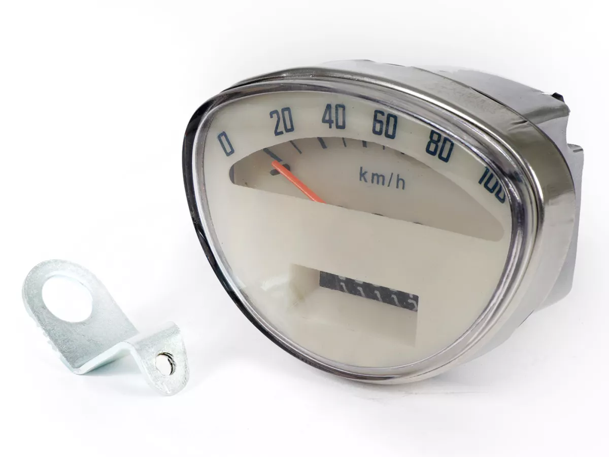 Speedometer -OEM QUALITY 100km/h (1965-1971 old rectangle logo)- Vespa 50 Super Sprint (SS50, V5SS1T), Super Sprint 90 (SS90, V9SS1T), 125 Nuova (VMA1T), 125 Primavera (PV125, VMA2T -22874), 125 Super (VNC1T -10399), 150 Super (VBC1T -13599) - 100km/h (wh