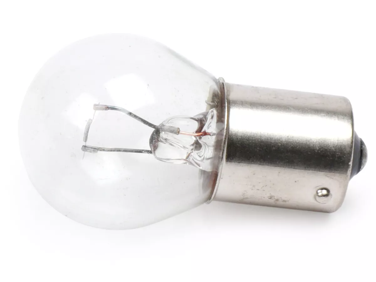 Glödlampa -BA15s (raka stift) - 6V 15W - Vit - Bromsljus Vespa 90 Racer (V9SS2T), Vespa 50 Special (V5B1T, V5B3T), 50 Sprinter (V5SS1T), 50 SR (V5SS2T), PV125 (VMA2T 20001-)