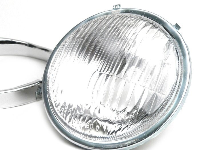 Faro delantero -VESPA Ø=115/120mm (cristal/exterior)- Vespa SS50 (V5SS1T), 50SR (V5SS2T), SS90 (V9SS1T), 90 Racer (V9SS2T), PV125 (VMA1T, VMA2T), ET3 VMB1T), Super (VNC1T/VBC1T) - cristal, incl. anillo embellecedor