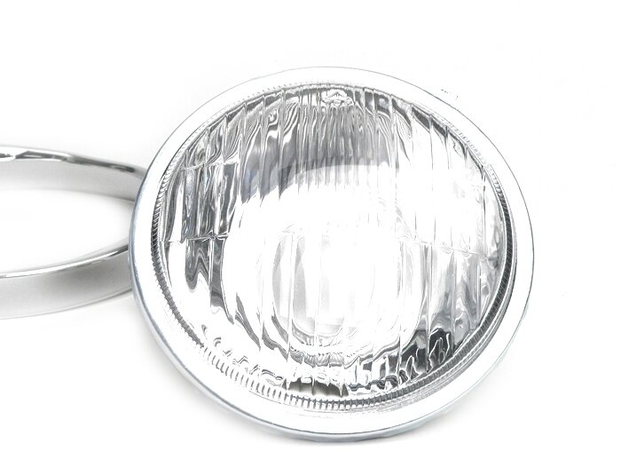 Faro delantero -VESPA Ø=115/120mm (cristal/exterior)- Vespa SS50 (V5SS1T), 50SR (V5SS2T), SS90 (V9SS1T), 90 Racer (V9SS2T), PV125 (VMA1T, VMA2T), ET3 VMB1T), Super (VNC1T/VBC1T) - cristal, incl. anillo embellecedor