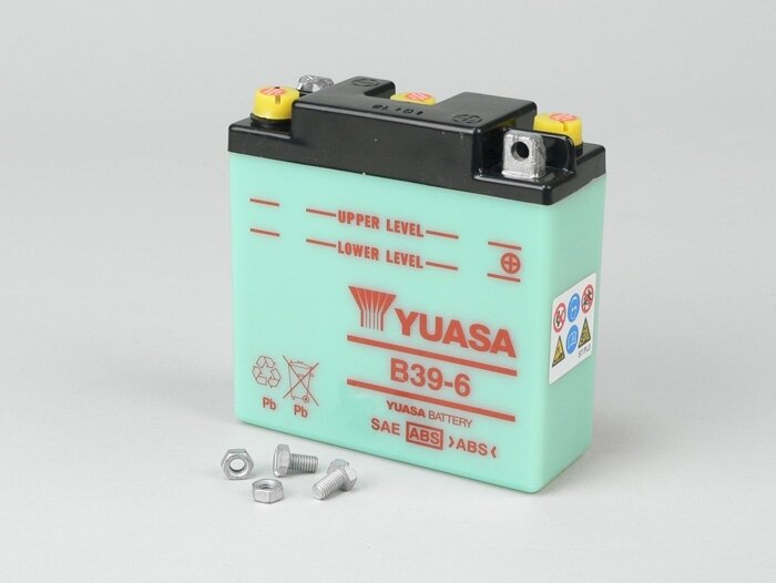 Batterij -Standaard YUASA B39-6 (6N7-1) 6V 7Ah - 126x126x48mm (zonder zuur) - Vespa Sprint150 (VLB1T) (D), VNB1T, VL3T, VB1T, VBA1T, VBB1T, GL150 (VLA1T), VGL1T, Vespa 150 T3 (VD2T) , Vespa 150 T4 (VGLA1T - VGLB1T)