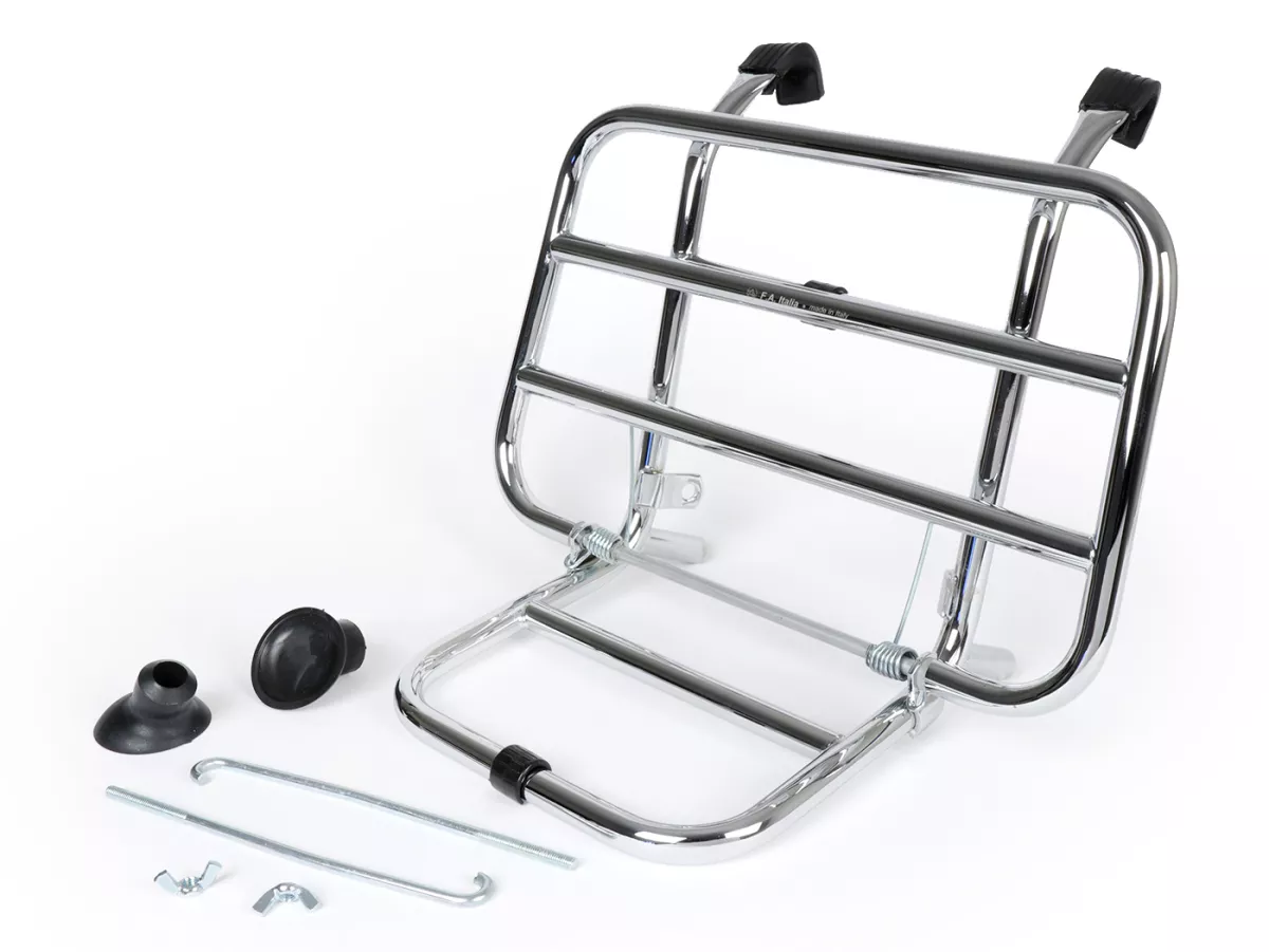 Porte bagages avant rabattable -FA ITALIA- Vespa Smallframe V50, PV125, ET3, Vespa Largeframe Rally180, Vespa Rally200, Sprint150, TS125, GT125, GTR125, Vespa PX80, PX125, PX150, PX200 - chromé