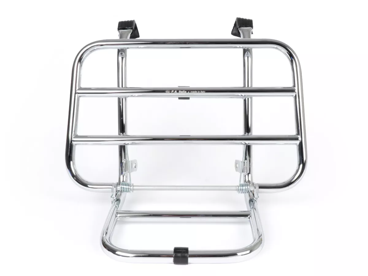 Porte bagages avant rabattable -FA ITALIA- Vespa Smallframe V50, PV125, ET3, Vespa Largeframe Rally180, Vespa Rally200, Sprint150, TS125, GT125, GTR125, Vespa PX80, PX125, PX150, PX200 - chromé