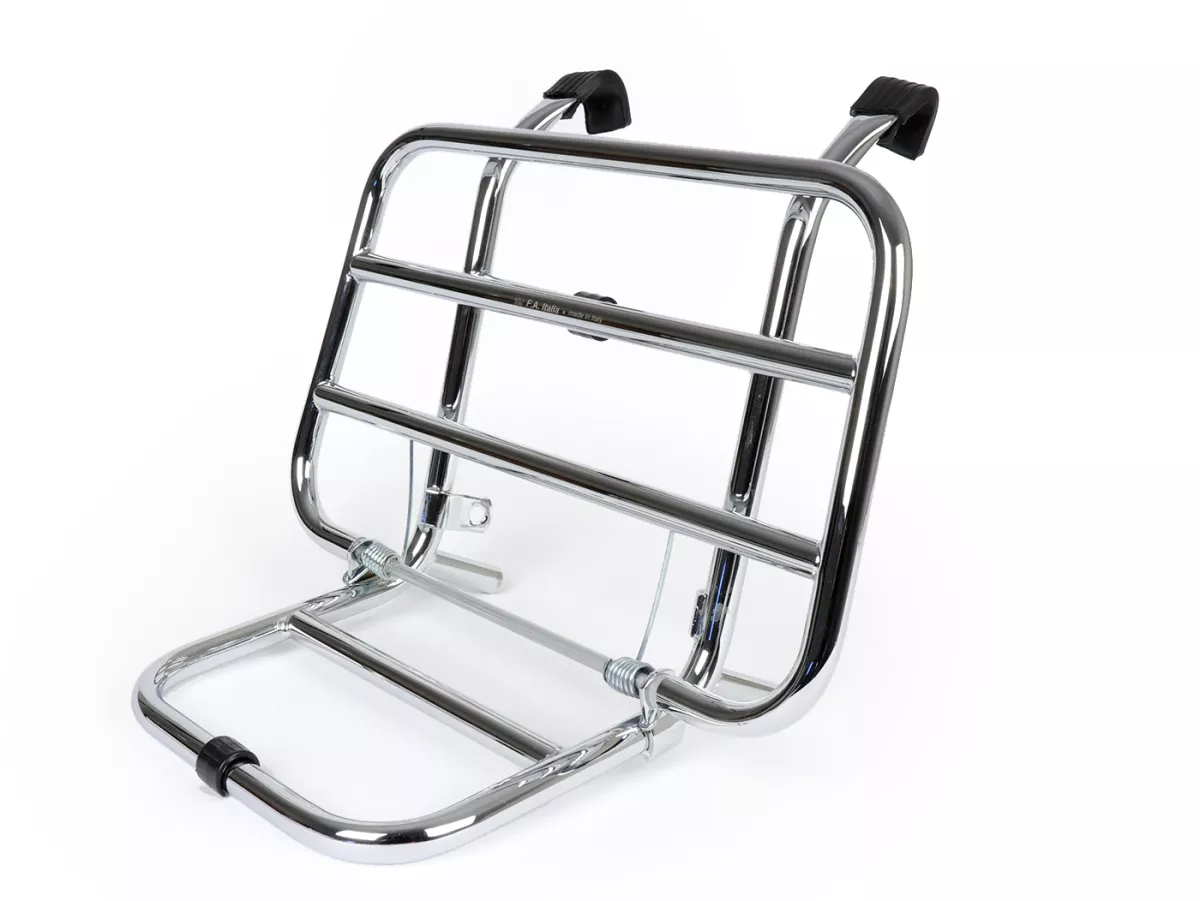 Porte bagages avant rabattable -FA ITALIA- Vespa Smallframe V50, PV125, ET3, Vespa Largeframe Rally180, Vespa Rally200, Sprint150, TS125, GT125, GTR125, Vespa PX80, PX125, PX150, PX200 - chromé