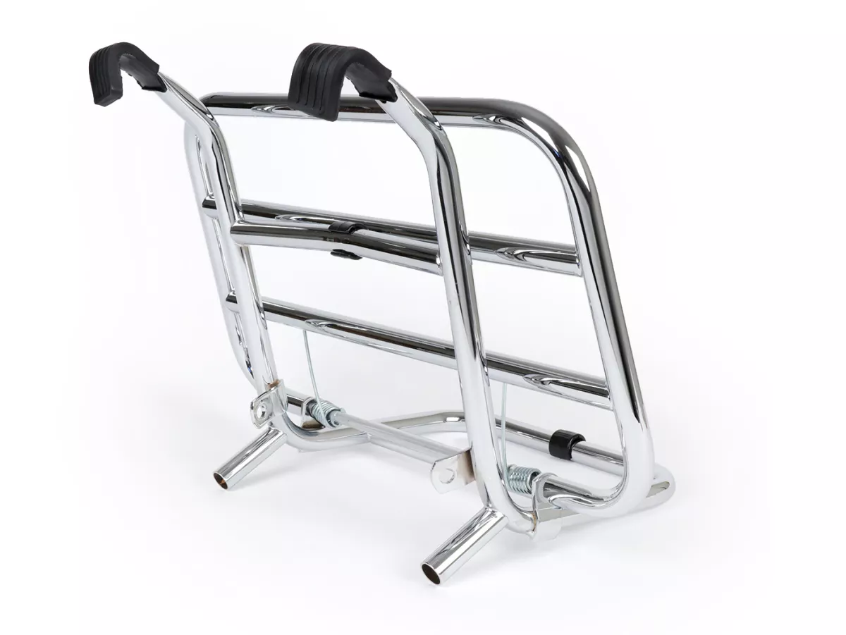 Porte bagages avant rabattable -FA ITALIA- Vespa Smallframe V50, PV125, ET3, Vespa Largeframe Rally180, Vespa Rally200, Sprint150, TS125, GT125, GTR125, Vespa PX80, PX125, PX150, PX200 - chromé