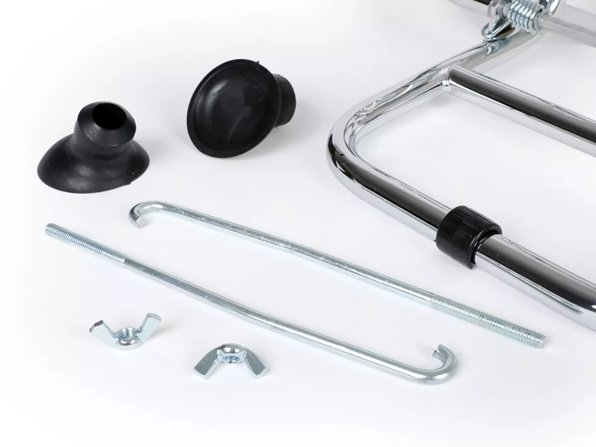 Porte bagages avant rabattable -FA ITALIA- Vespa Smallframe V50, PV125, ET3, Vespa Largeframe Rally180, Vespa Rally200, Sprint150, TS125, GT125, GTR125, Vespa PX80, PX125, PX150, PX200 - chromé