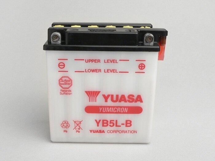 Batería -Estándar YUASA YB5L-B/12N5-3B- 12V, 5Ah - 120x60x130mm (sin ácido) - Vespa PX antigua (hasta 1984) - PX80, PX125, PX200, PK50 automática, TPH80