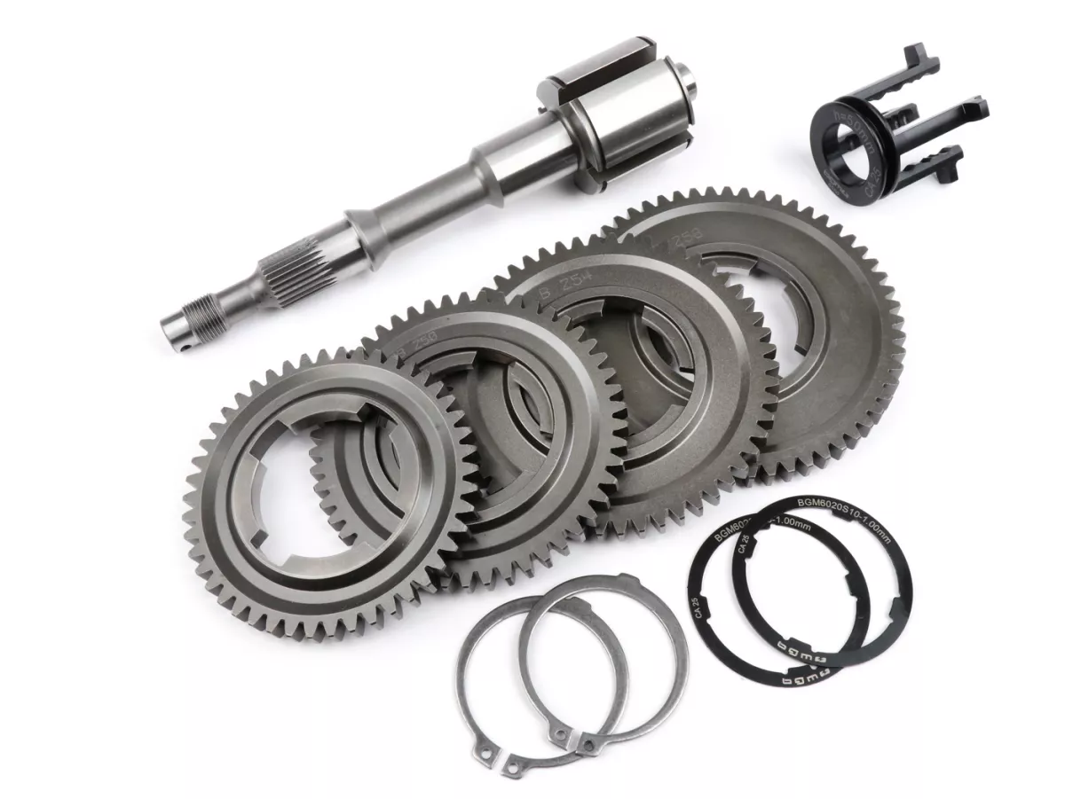 Caja de cambios -BENELLI tipo Road, engranaje estándar- Vespa V50, V90, 50N, PV125, ET3, SS50, SS90, PK S, PK XL1, PK XL2, ETS - (10/58, 14/54, 18/50, 22/46 dientes)